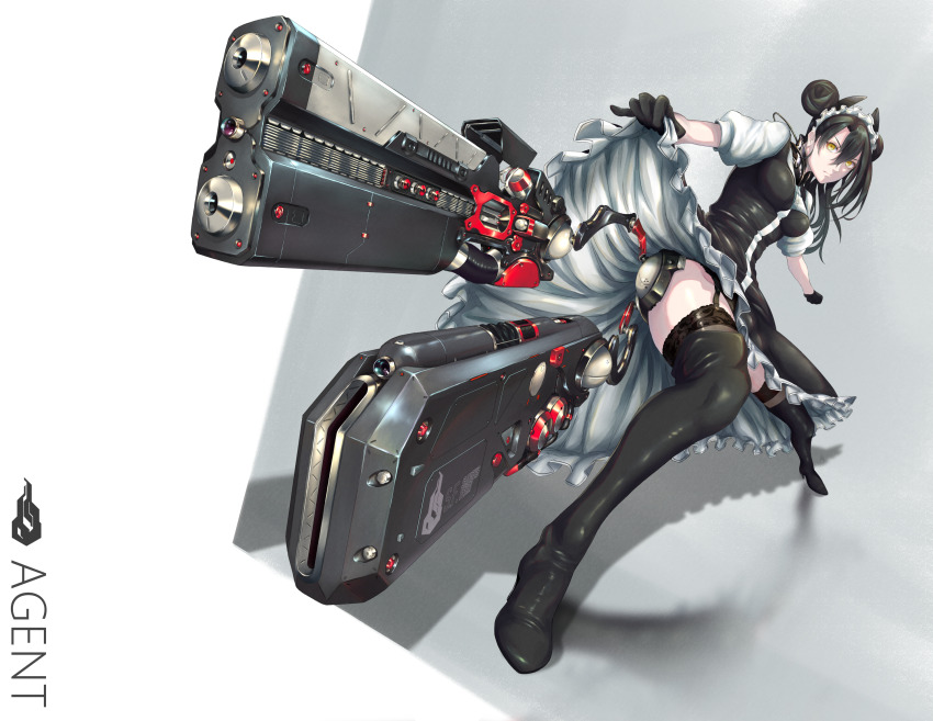 1girl, agent_(girls'_frontline), alternate_weapon, asymmetrical_hair, black_boots, black_dress, black_gloves, black_hair, black_thighhighs, boots, character_name, closed_mouth, clothes_lift, commentary_request, double_bun, dress, dress_lift, energy_weapon, female_focus, foreshortening, frilled_dress, frills, girls'_frontline, gloves, grey_background, gun, hair_bun, high_heel_boots, high_heels, highres, juliet_sleeves, lace, lace-trimmed_legwear, lace_trim, legs, long_sleeves, looking_at_viewer, maid_headdress, massabou2, mechanical_arms, puffy_sleeves, sangvis_ferri, short_sleeves, solo, thighhighs, thighhighs_under_boots, thighs, weapon, white_background, wire, yellow_eyes
