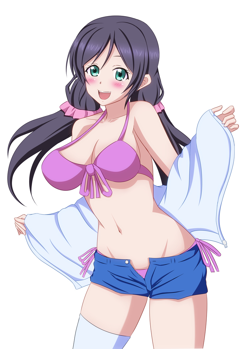 1girl, bikini, black_hair, blue_eyes, blue_shorts, blush, breasts, cleavage, collarbone, gedooman, large_breasts, long_hair, looking_at_viewer, love_live!, love_live!_school_idol_festival, low_twintails, navel, open_clothes, open_mouth, open_shirt, purple_bikini, shirt, short_shorts, shorts, side-tie_bikini_bottom, smile, standing, swimsuit, teeth, thighhighs, tojo_nozomi, twintails, undressing, white_background, white_shirt, white_thighhighs