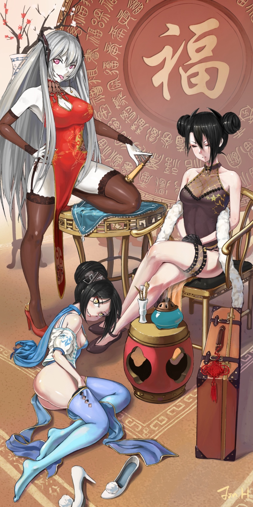 3girls, :p, absurdres, agent_(girls'_frontline), ass, bare_shoulders, beak_(girls'_frontline), black_footwear, black_gloves, blue_thighhighs, breasts, brown_gloves, brown_legwear, brown_panties, chair, china_dress, chinese_clothes, cleavage, closed_eyes, colored_skin, crossed_legs, double_bun, dreamer_(girls'_frontline), dress, dsr-50_(girls'_frontline), dsr-50_(red_peony)_(girls'_frontline), elbow_gloves, eyeliner, folding_fan, garter_straps, girls'_frontline, gloves, grin, hair_between_eyes, hair_bun, hand_fan, hand_on_own_hip, headgear, high_heels, highres, incense_burner, jonathan_h, kneeling, long_hair, looking_at_viewer, lying, makeup, multiple_girls, official_alternate_costume, on_side, ots-14_(girls'_frontline), ots-14_(sangria_succulent)_(girls'_frontline), pa-15_(alluring_larkspur)_(girls'_frontline), pa-15_(girls'_frontline), panties, parted_bangs, purple_eyes, red_footwear, shoes, silver_hair, smile, suitcase, table, thighhighs, tongue, tongue_out, underwear, unworn_shoes, very_long_hair, white_footwear, white_skin, yellow_eyes