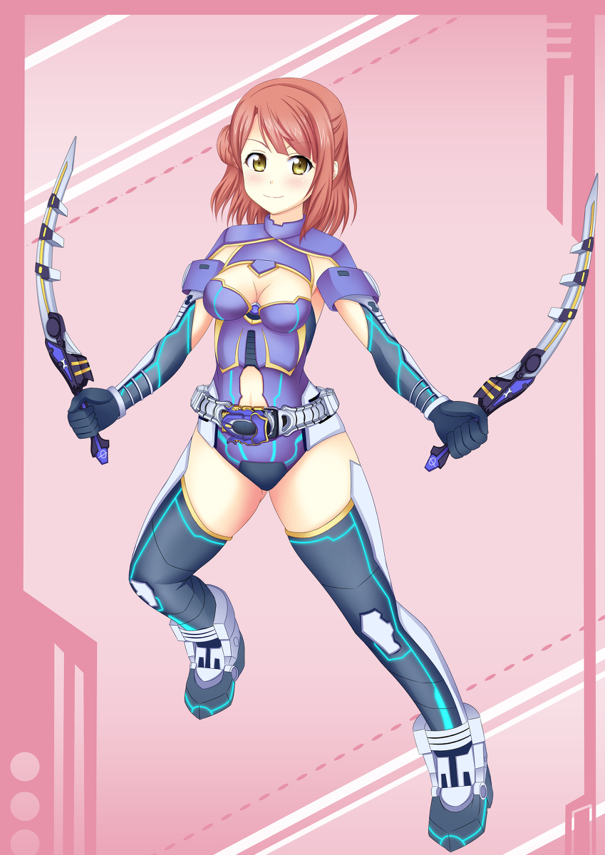 1girl, animal, armor, armored_shoes, belt, blue_armor, blue_gloves, blue_leotard