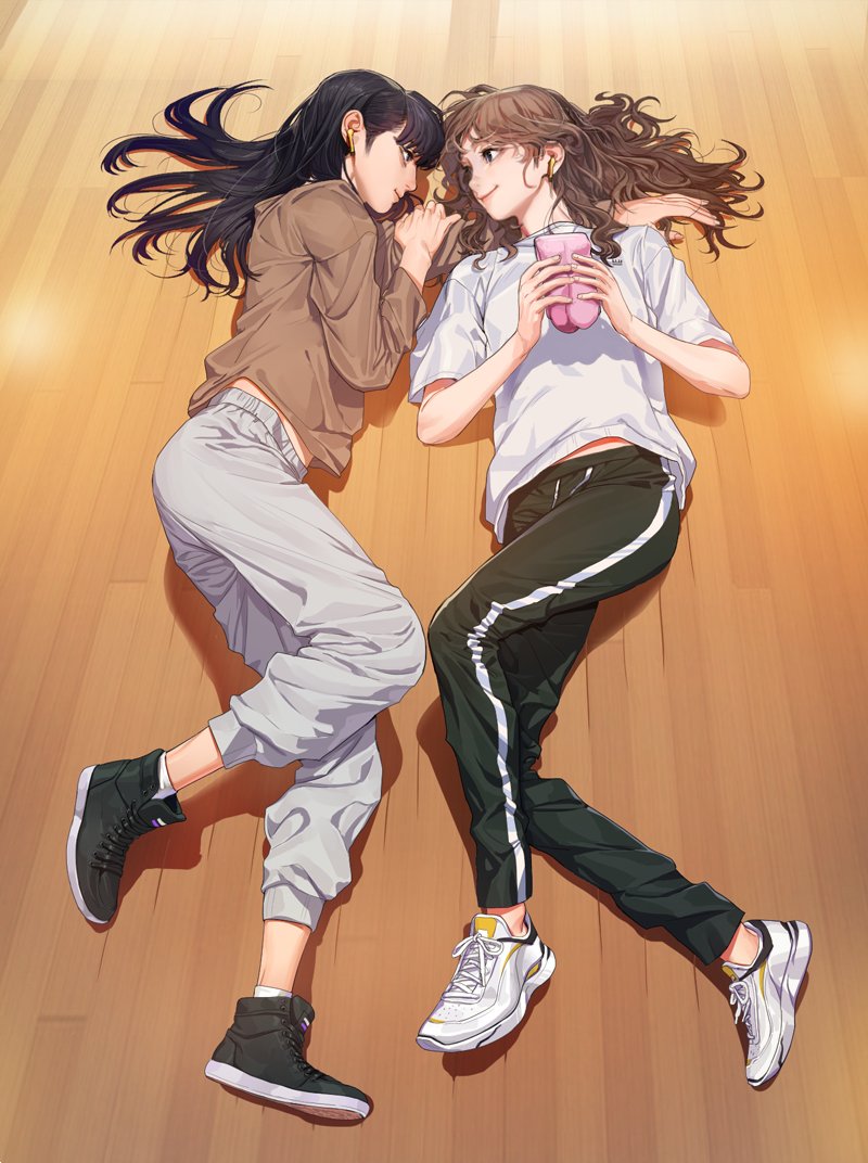 (g)i-dle, 2girls, animification, baesong, black_eyes, black_hair, black_pants, black_shorts, black_vs_white, blue_eyes, breasts, brown_hair, brown_shirt, closed_mouth, couple, earbuds, earphones, eye_contact, face-to-face, female_focus, from_above, full_body, half-closed_eyes, i-dle, lips, long_hair, looking_at_another, lying, midriff_peek, minnie_nicha_yontararak, multiple_girls, neck, on_back, on_floor, on_side, pants, real_life, shadow, shirt, shoes, short_sleeves, shorts, small_breasts, smile, sneakers, socks, song_yu_qi, straight_hair, sweatpants, t-shirt, wavy_hair, white_pants, white_shirt, white_shoes, wireless_earphones, wooden_floor, yuri