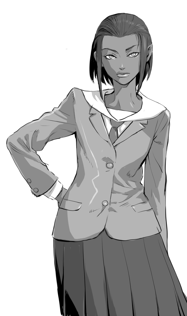 1girl, blazer, dark-skinned_female, dark_skin, eizouken_ni_wa_te_wo_dasu_na!, female_focus, greyscale, jacket