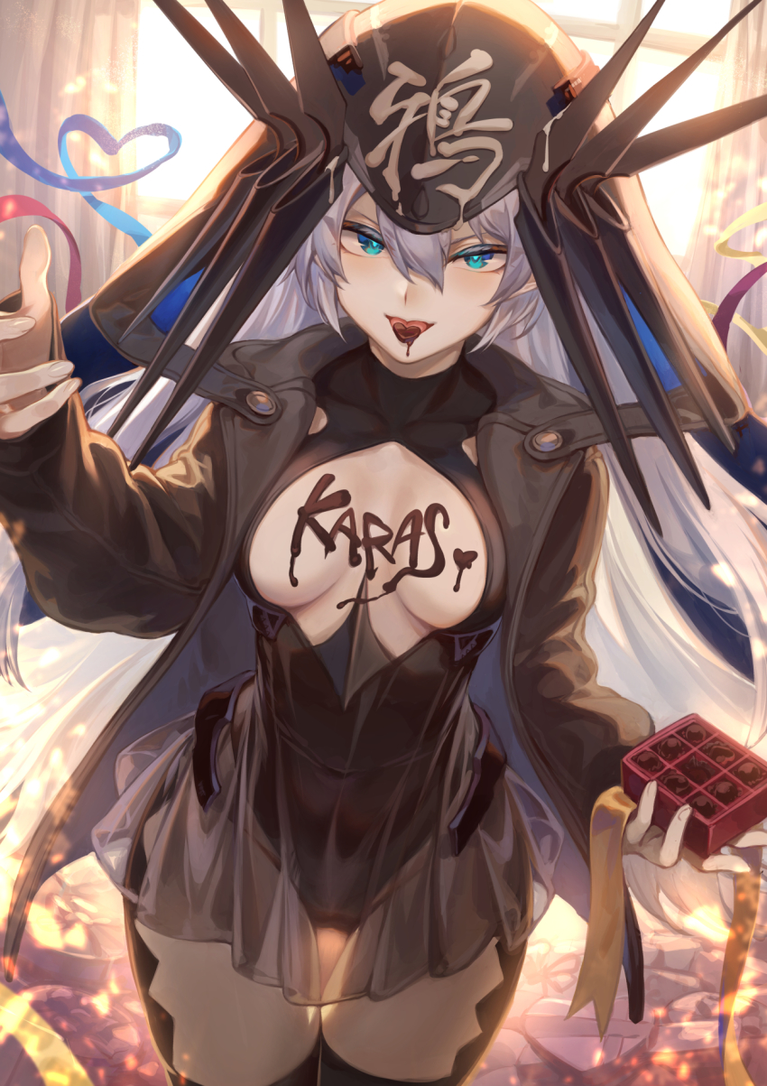 :p, black_legwear, blue_eyes, breasts, chocolate, chocolate_on_body, chocolate_on_breasts, food_on_body