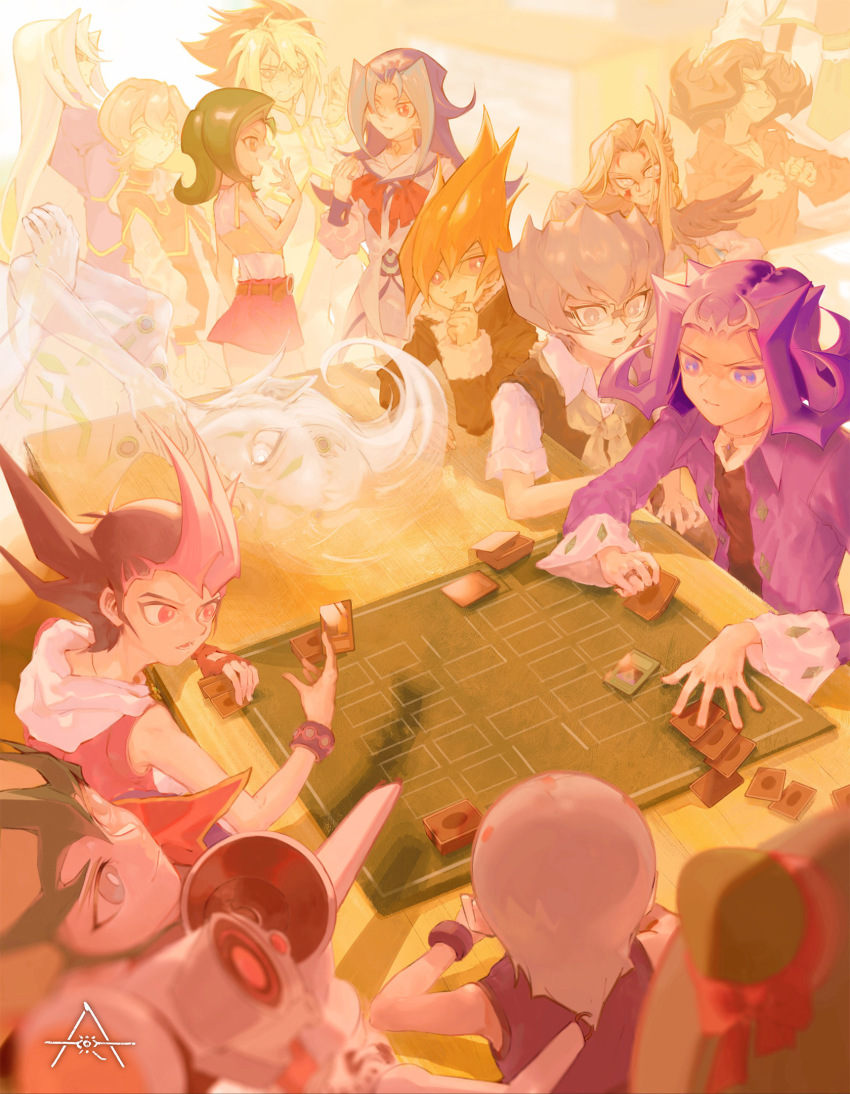 6+boys, anhypnosis, arito_(yu-gi-oh!), artist_logo, astral_(yu-gi-oh!), belt, black_hair, black_shirt, blonde_hair, blue_eyes, blue_hair, card, character_request, check_character, chinese_commentary, collared_shirt, colored_bangs, deck, deck_of_cards, durbe_(yu-gi-oh!), fingerless_gloves, from_behind, fur_trim, girag_(yu-gi-oh!), gloves, green_hair, grey_eyes, grey_hair, hair_between_eyes, highres, holding, holding_card, hood, hood_down, iii_(yu-gi-oh!), iv_(yu-gi-oh!), kamishiro_rio, kamishiro_ryouga, logo, long_hair, long_sleeves, mizael_(yu-gi-oh!), mizuki_kotori_(yu-gi-oh!), multicolored_hair, multiple_boys, open_mouth, orange_eyes, orbital_7, pink_eyes, pink_skirt, playing_games, profile, purple_eyes, purple_hair, purple_shirt, red_eyes, red_hair, shingetsu_rei, shirt, shirt_tucked_in, short_hair, short_sleeves, skirt, sleeveless, tenjou_haruto, tenjou_kaito, tsukumo_yuma, two-tone_hair, v_(yu-gi-oh!), vector_(yu-gi-oh!), white_eyes, wide_sleeves, yu-gi-oh!, yu-gi-oh!_zexal, yuu-gi-ou, yuu-gi-ou_zexal