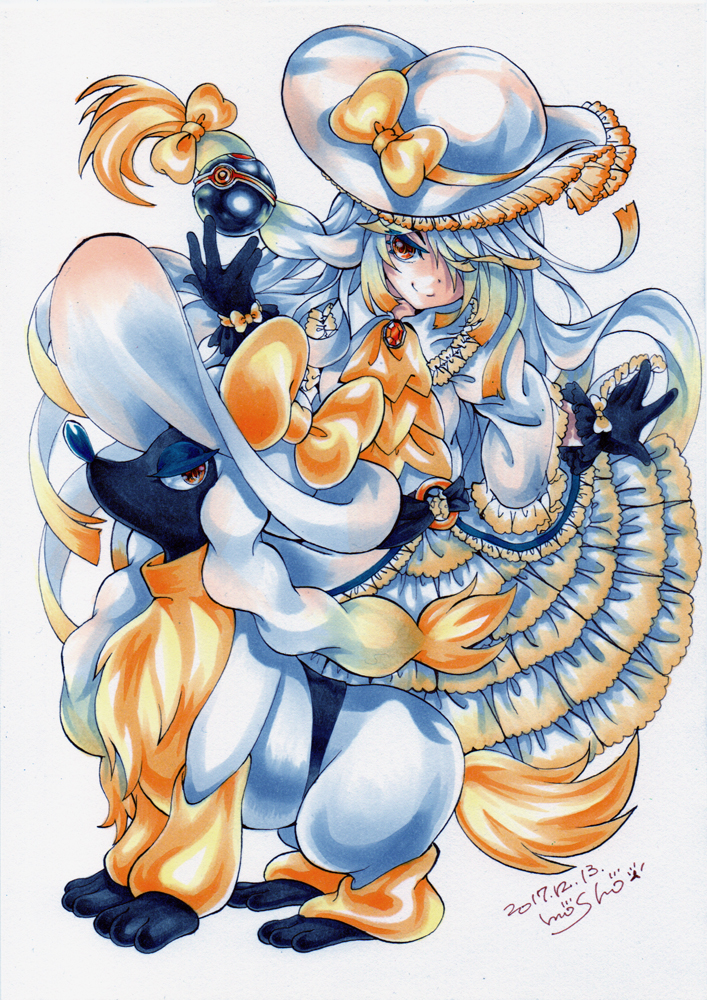 1girl, black_gloves, brown_eyes, creature, creature_and_personification, dated, dog, dress