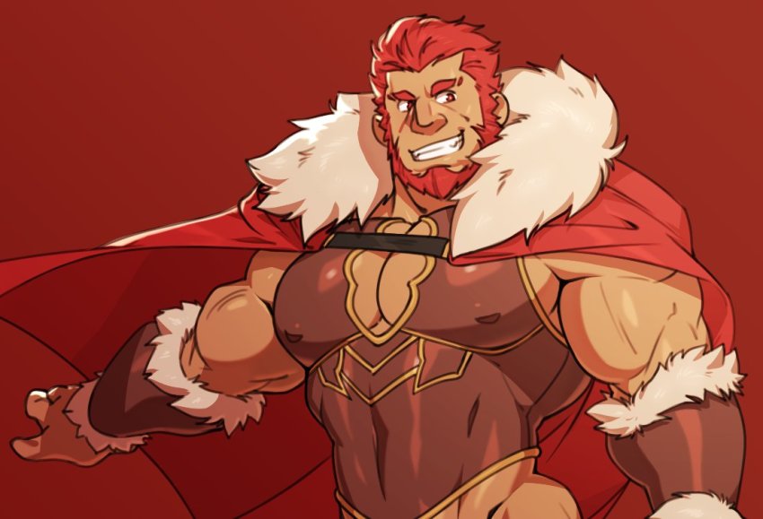 armor, bara, beard, biceps, breastplate, cape, censored, cheschirebacon