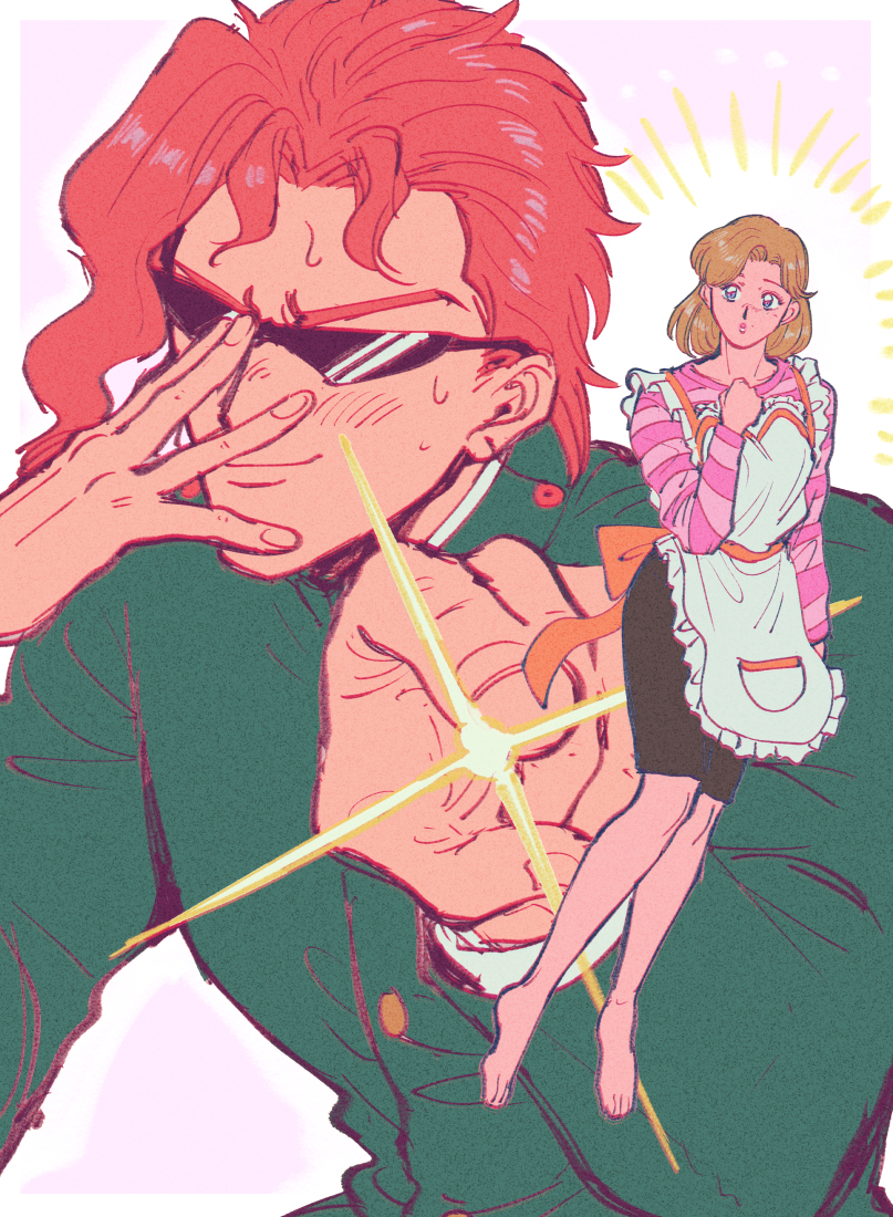 1boy, 1girl, apron, blonde_hair, blue_eyes, jojo_no_kimyou_na_bouken, kakyoin_noriaki, kakyoin_the_milf_hunter