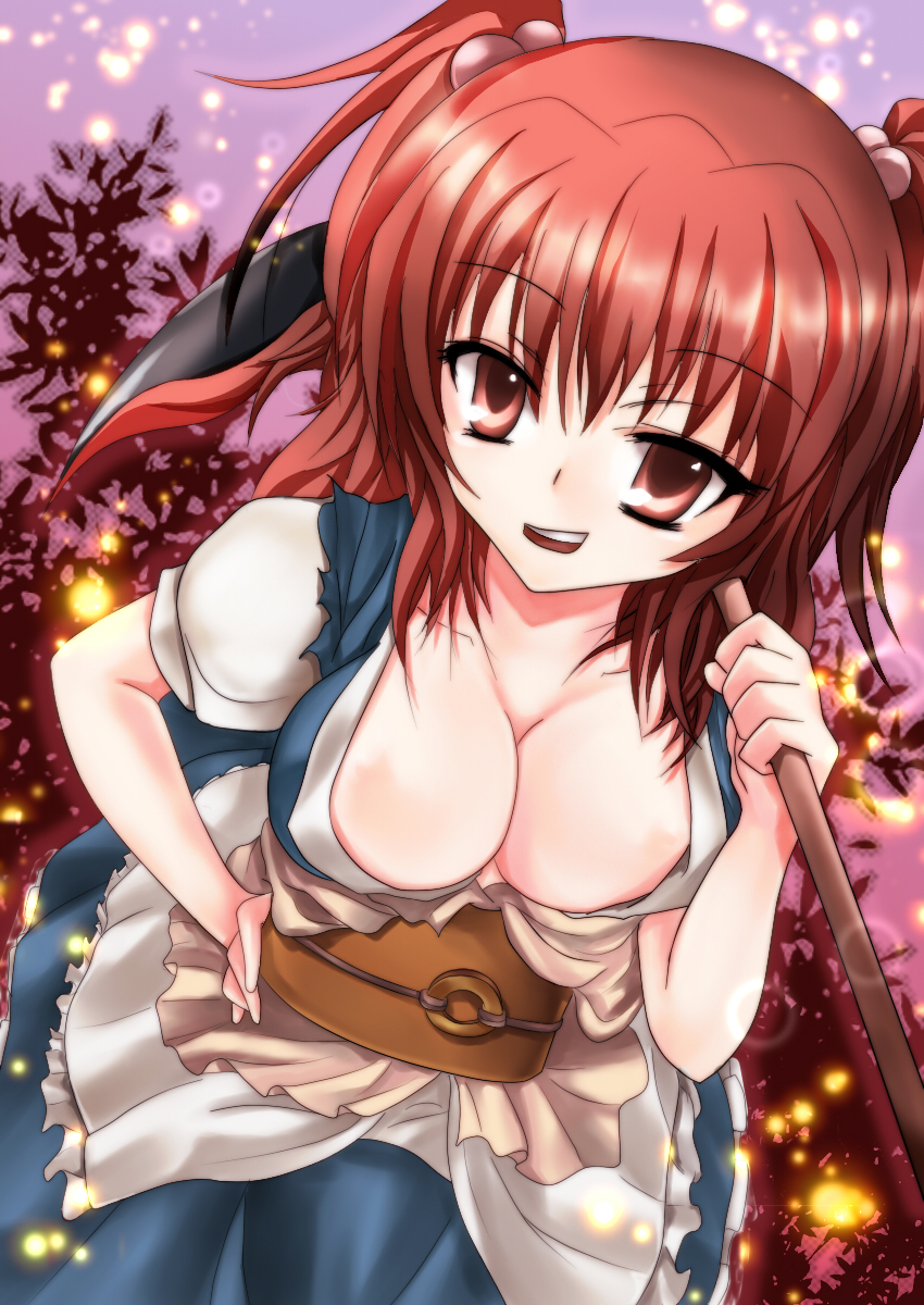 1girl, breasts, chikuwa_coffee_(milk_soda), cleavage, colorized, female_focus, hair_bobbles, hair_ornament