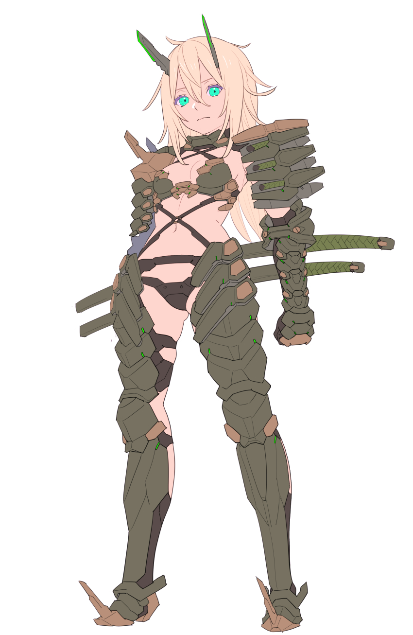 1girl, absurdres, armor, bikini_armor, black_panties, blade_horns, blonde_hair, boots