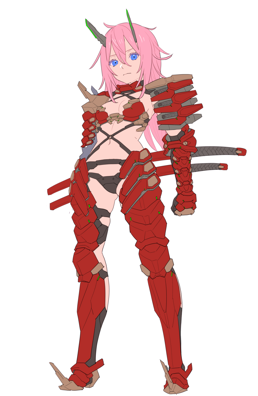 1girl, absurdres, armor, bikini_armor, black_panties, blade_horns, boots, breasts
