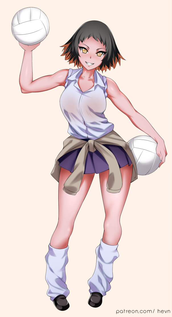 1girl, alternate_costume, armpits, ball, bare_shoulders, black_hair, black_shoes, breasts, clothes_around_waist, collared_shirt, contemporary, contrapposto, dress_shirt, female_focus, full_body, grin, hevn, holding, holding_ball, kimetsu_no_yaiba, leg_warmers, loafers, medium_breasts, miniskirt, multicolored_hair, orange_hair, pleated_skirt, purple_skirt, shirt, shoes, short_hair, skirt, sleeves_rolled_up, slit_pupils, smile, solo, standing, susamaru_(kimetsu_no_yaiba), sweater, sweater_around_waist, two-tone_hair, volleyball, volleyball_(object), white_shirt, yellow_background, yellow_eyes