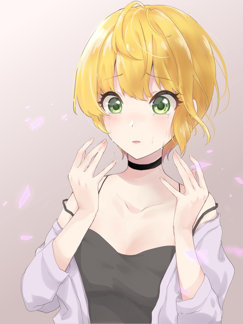 1girl, :o, absurdres, black_neckwear, black_tank_top, blonde_hair, blush, breasts