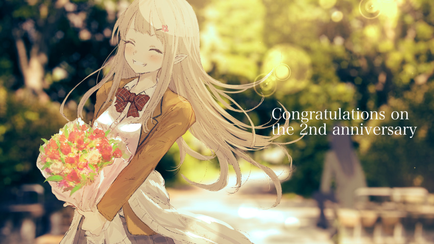 1girl, ^_^, anniversary, blazer, blurry, blurry_background, blush, bouquet