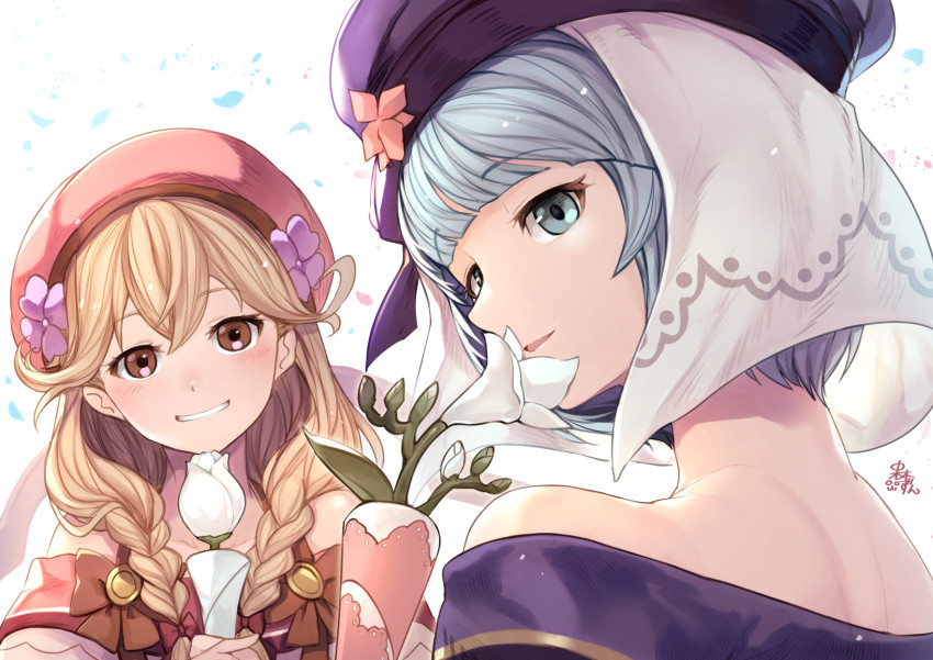 2girls, blonde_hair, blue_eyes, blue_hair, bow, braid, brown_eyes, faye_(fire_emblem)