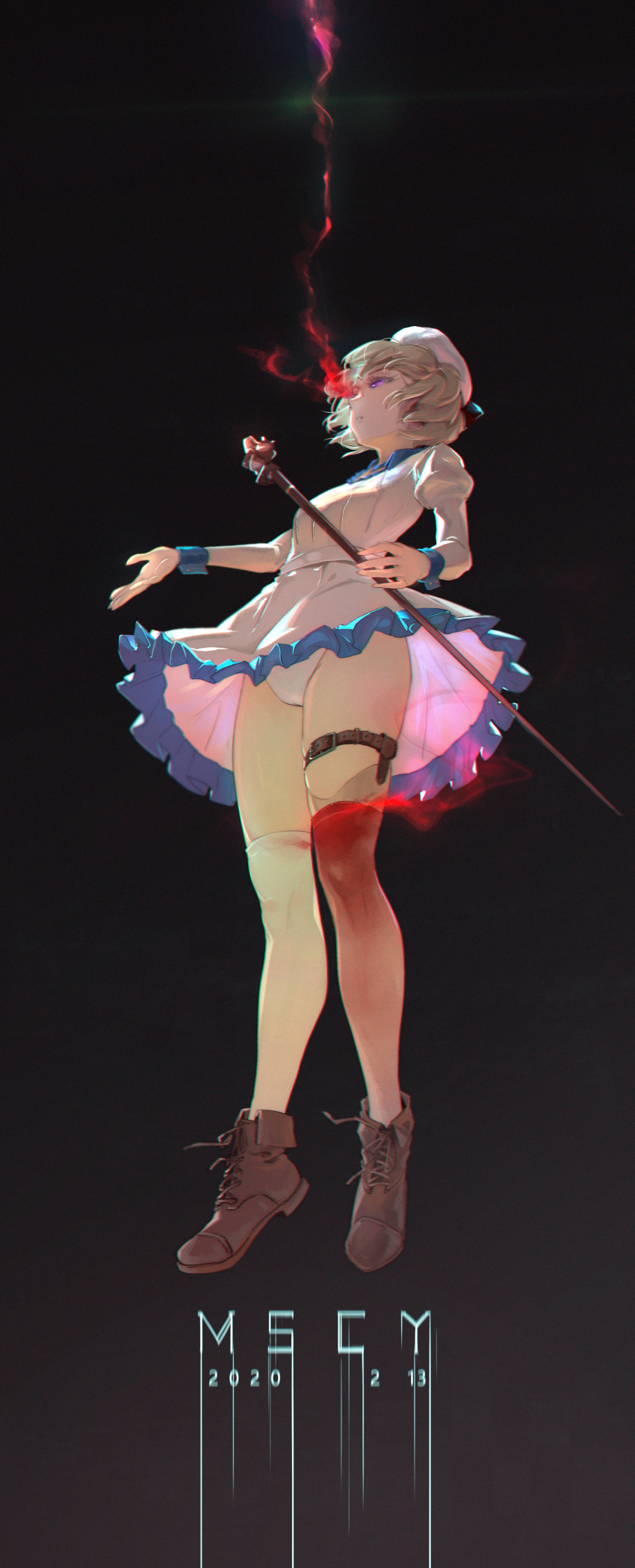 1girl, absurdres, amputee, ankle_boots, artificial_eye, belt, beret, black_background