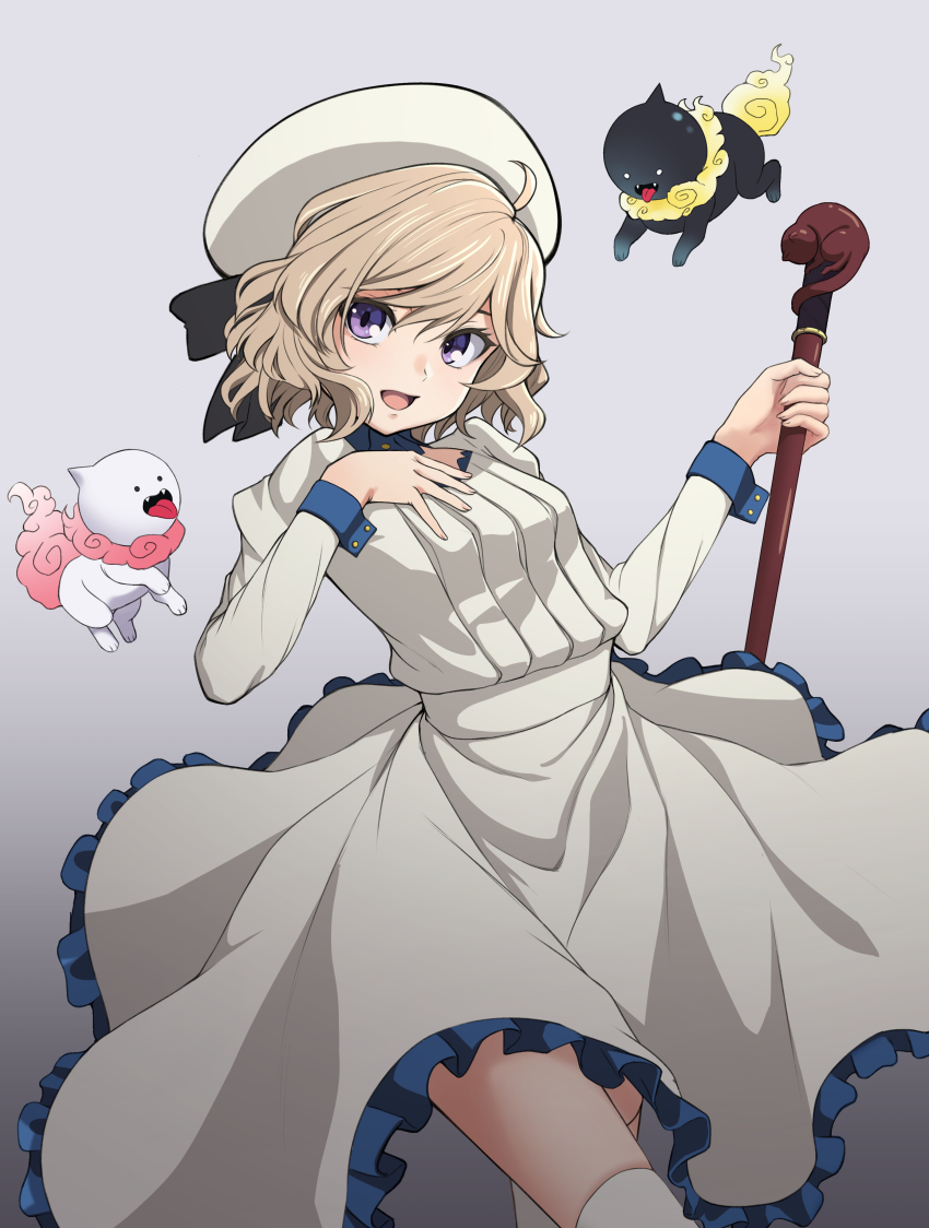 1girl, absurdres, amputee, artificial_eye, beret, cane, dress, glass_eye