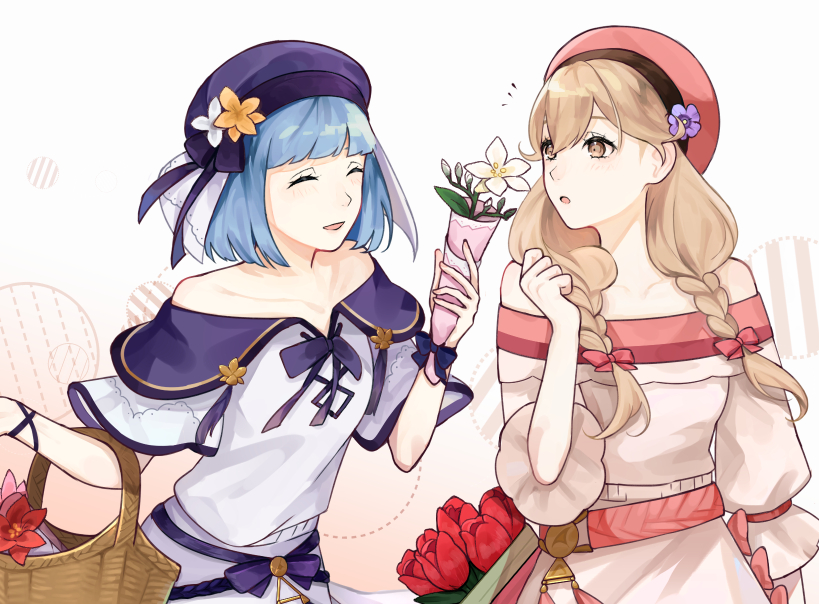 2girls, bad_id, bad_twitter_id, basket, blonde_hair, blue_hair, bow, braid