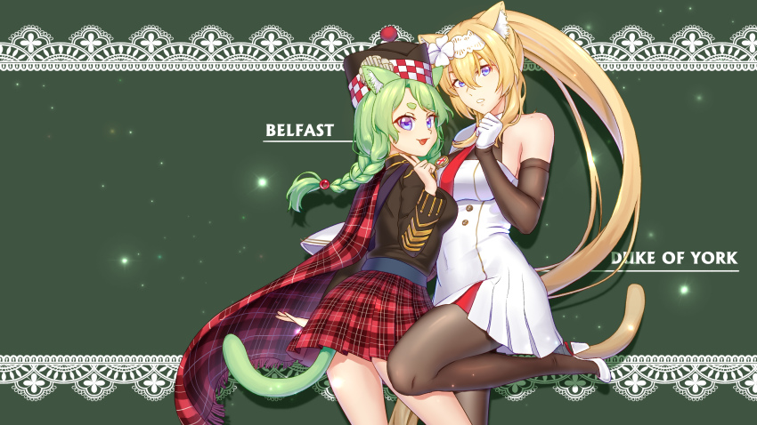 2girls, absurdres, animal_ears, belfast_(warship_girls_r), bingdian_lihua, black_legwear, blue_eyes, breasts, cat_ears, cat_tail, duke_of_york_(warship_girls_r), highres, kilt, large_breasts, long_hair, multiple_girls, necktie, tail, very_long_hair, warship_girls_r
