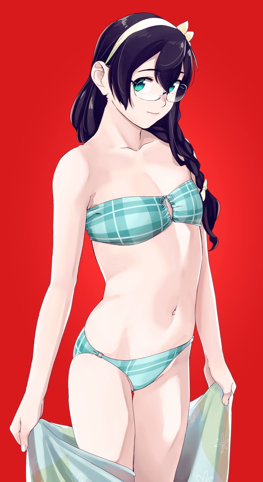 1girl, aqua_bikini, bad_id, bad_twitter_id, bikini, black_hair, breasts, closed_mouth, female_focus, glasses, green_eyes, hairband, highres, kantai_collection, long_hair, ojipon, ooyodo_(kancolle), ooyodo_(swimsuit)_(kancolle), red_background, simple_background, small_breasts, solo, strapless, strapless_bikini, striped_bikini, striped_clothes, swimsuit