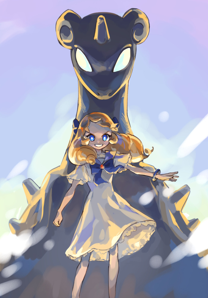 1girl, april_(halogenkn), blank_eyes, blonde_hair, blue_eyes, blue_ribbon, creature, dress