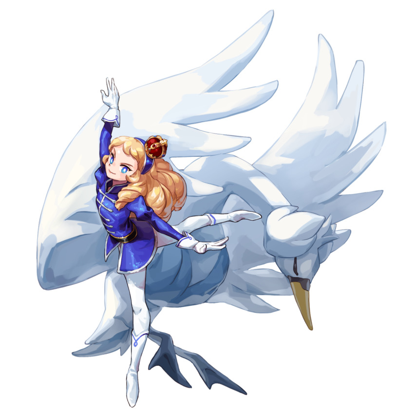 1girl, april_(halogenkn), bird, blonde_hair, blue_eyes, boots, closed_eyes, creature