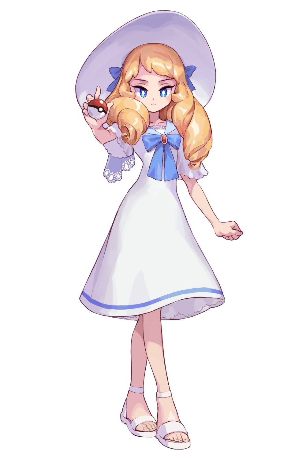 1girl, april_(halogenkn), blue_ribbon, dress, female_focus, flat_chest, full_body, hair_ribbon, halogenkn, highres, long_hair, looking_at_viewer, nintendo, original, poke_ball, poke_ball_(basic), pokemon, ribbon, sandals, serious, short_sleeves, solo, standing, transparent_background, white_dress, white_headwear, white_sandals, white_theme