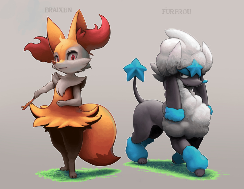 animal_ear_fluff, animal_nose, black_eyes, braixen, brown_eyes, character_name, commentary_request, creature, dog, full_body, furfrou, furfrou_(star), furfrou_star_trim, furry, gen_6_pokemon, grass, grey_background, holding, holding_stick, lyc, nintendo, pokemon, pokemon_(creature), simple_background, snout, standing, stick