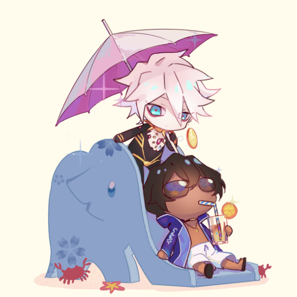 2boys, 676643396dolce, alternate_costume, arjuna_(fate), arjuna_(shiva_bathing_suit)_(fate), bare_pectorals, black_hair, blue_eyes, bodysuit, chibi, crab, cup, dark-skinned_male, dark_skin, drinking, drinking_straw, elephant, elephant_slide, eyeshadow, fate/apocrypha, fate/grand_order, fate_(series), food, fruit, karna_(fate), makeup, male_focus, multiple_boys, orange_(fruit), orange_slice, pale_skin, parasol, pectorals, red_eyeshadow, slide, starfish, sunglasses, umbrella, white_hair