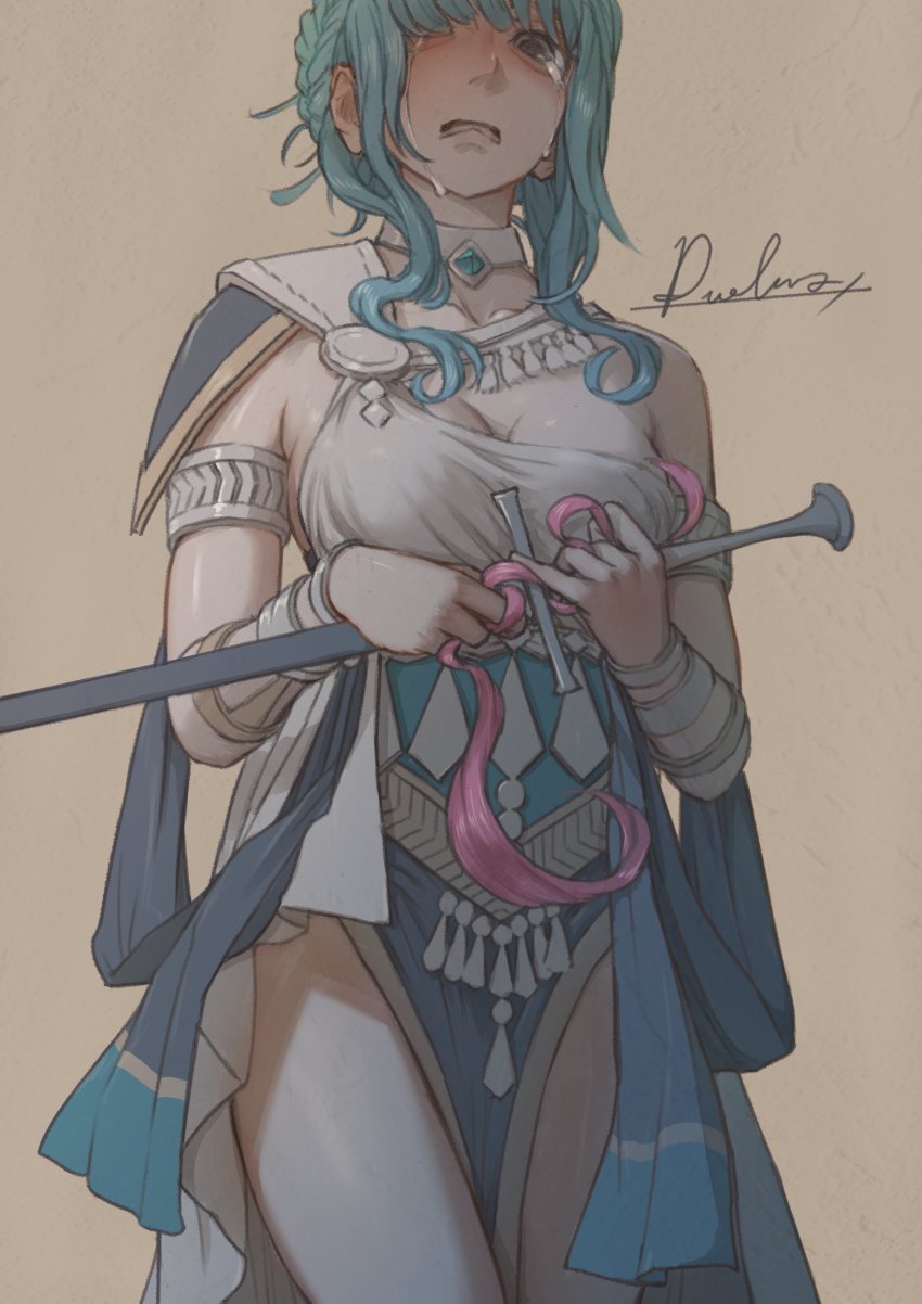 1girl, absurdres, armlet, blue_hair, breasts, brown_eyes, cleavage, crying