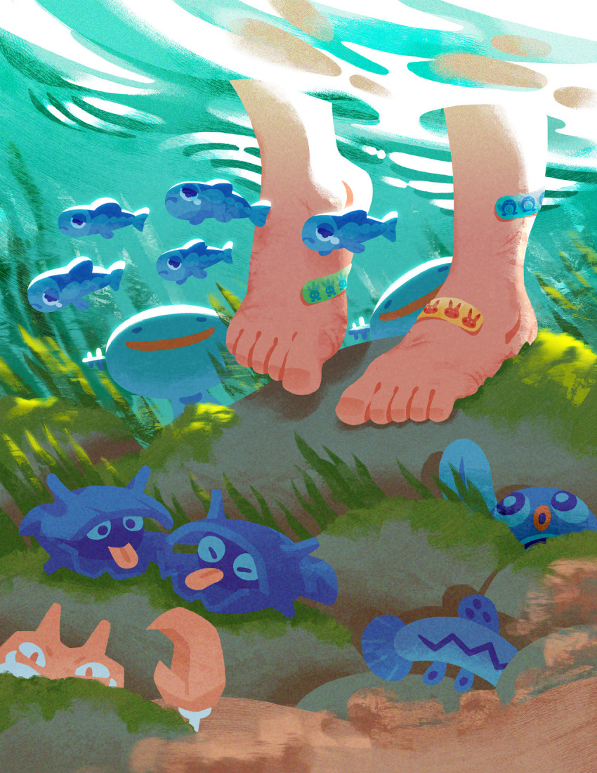 1other, bandaid, bandaid_on_foot, barboach, barefoot, closed_eyes, commentary, creature, english_commentary, feet, fish, gen_1_pokemon, gen_2_pokemon, gen_3_pokemon, gen_7_pokemon, highres, horns, krabby, looking_at_viewer, nintendo, nnchan, oddish, pikachu, pokemon, pokemon_(creature), poliwag, rock, shellder, standing, tongue, tongue_out, wishiwashi, wishiwashi_(solo), wooper