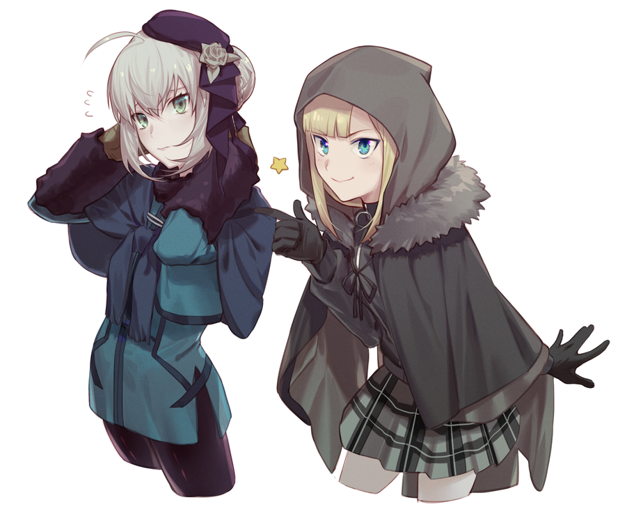 2girls, ahoge, black_legwear, blonde_hair, blue_eyes, blunt_bangs, cape, cosplay, costume_switch, csyday, fate_(series), flower, fur-trimmed_cape, fur_trim, gray_(fate), gray_(lord_el-melloi_ii)_(cosplay), green_eyes, grey_cape, grey_flower, grey_hair, grey_rose, hair_between_eyes, hat, hat_flower, hood, hood_up, lord_el-melloi_ii_case_files, multiple_girls, pantyhose, plaid_clothes, plaid_skirt, reines_el-melloi_archisorte, reines_el-melloi_archisorte_(cosplay), rose, skirt, tilted_headwear