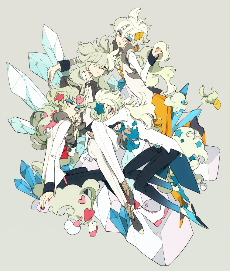 4others, alternate_color, androgynous, eyeshadow, full_body, furfrou, furfrou_(diamond), furfrou_(heart), furfrou_(natural), furfrou_(star), furfrou_diamond_trim, furfrou_heart_trim, furfrou_star_trim, gen_6_pokemon, grey_background, hair_ornament, heart, long_hair, long_sleeves, looking_at_viewer, makeup, multiple_others, nintendo, other_focus, personification, pokemon, ponytail, shiny_pokemon, simple_background, star_(symbol), suou_(sdurorhr), white_theme