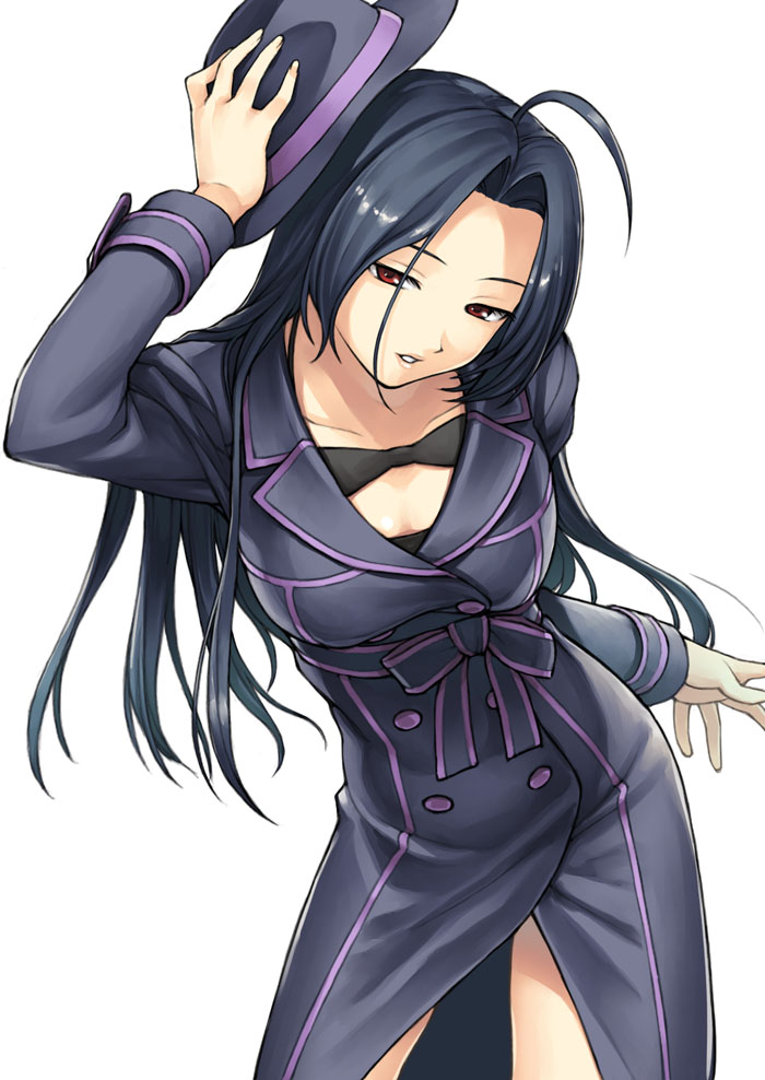 00s, 1girl, ahoge, buttons, coat, double-breasted, fedora, fedora_hat, female_focus, hat, idolmaster, idolmaster_(classic), long_hair, miura_azusa, red_eyes, simple_background, solo, tanaka_shoutarou, trench_coat