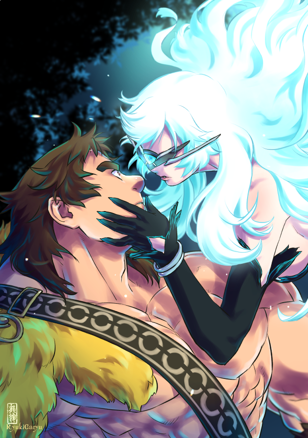 1boy, 1girl, abs, artemis_(fate), artemis_(terminal)_(fate), bare_pectorals, black_gloves, bracelet