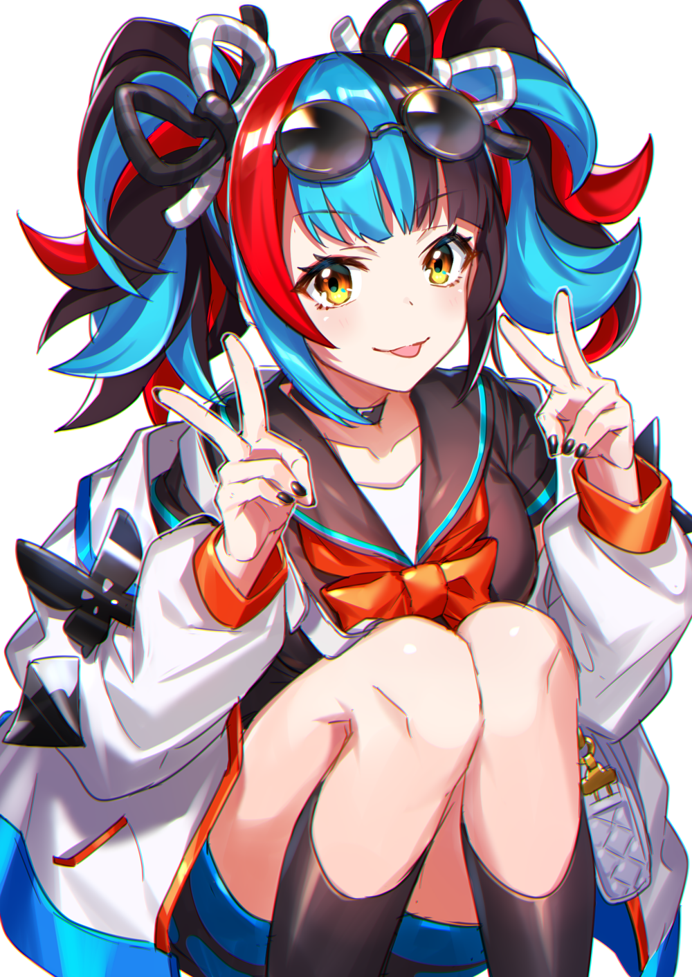 1girl, bag, black_hair, black_nails, black_sailor_collar, black_serafuku, black_shirt, black_skirt