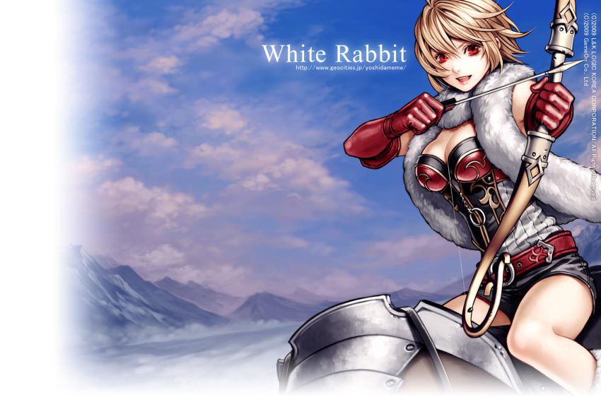 1girl, :d, armor, arrow_(projectile), belt, bow_(weapon), breasts, brown_hair, cleavage, cloud, elbow_gloves, fantasy, fighting_stance, foreshortening, fur_trim, gloves, hair_between_eyes, large_breasts, lipstick, looking_at_viewer, magic_archer_(red_stone), makeup, mountain, official_art, open_mouth, original, outdoors, outstretched_arm, red_eyes, red_stone, riding, short_hair, short_shorts, shorts, sitting, sky, smile, straddling, weapon, yuki_hayabusa, zipper