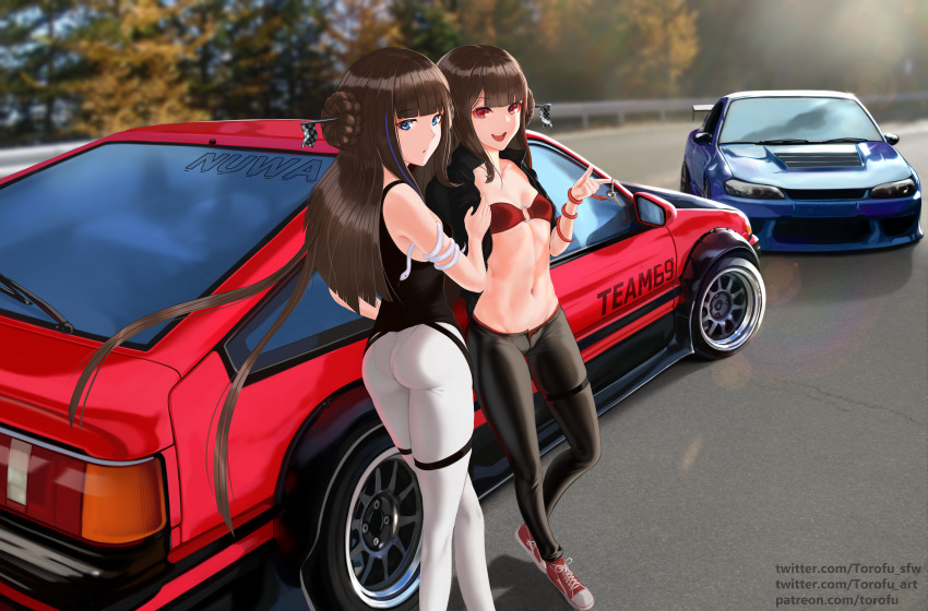 2girls, absurdres, ass, bikini, bikini_top_only, black_legwear, blue_eyes, breasts, brown_hair, car, collarbone, double_bun, fuxi_(honkai_impact), hair_bun, highres, honkai_(series), honkai_impact_3rd, long_hair, looking_at_viewer, motor_vehicle, multiple_girls, nissan, nissan_silvia, nissan_silvia_s15, nuwa_(honkai_impact), o-ring, o-ring_top, open_mouth, outdoors, pantylines, pointing, racing, red_bikini, red_eyes, siblings, single_hair_bun, small_breasts, snake, swimsuit, thighs, torofu, toyota, toyota_sprinter_levin, toyota_sprinter_trueno, twins, vehicle_focus, white_legwear