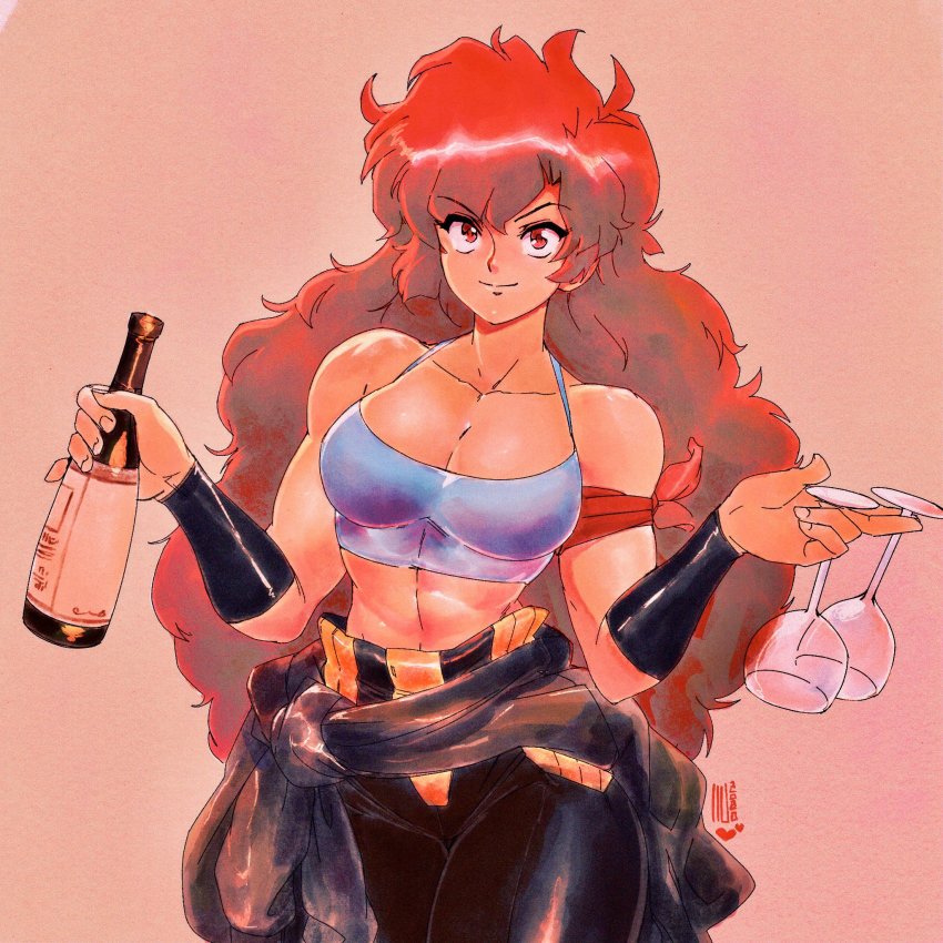 1990s_(style), 1girl, armband, between_fingers, big_hair, black_pants, bottle, bracer