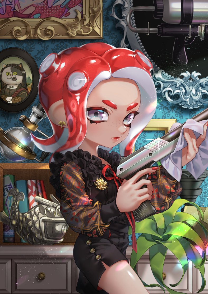 1girl, black_shirt, black_shorts, book, cleaning, commentary, desk, disruptor_(splatoon)