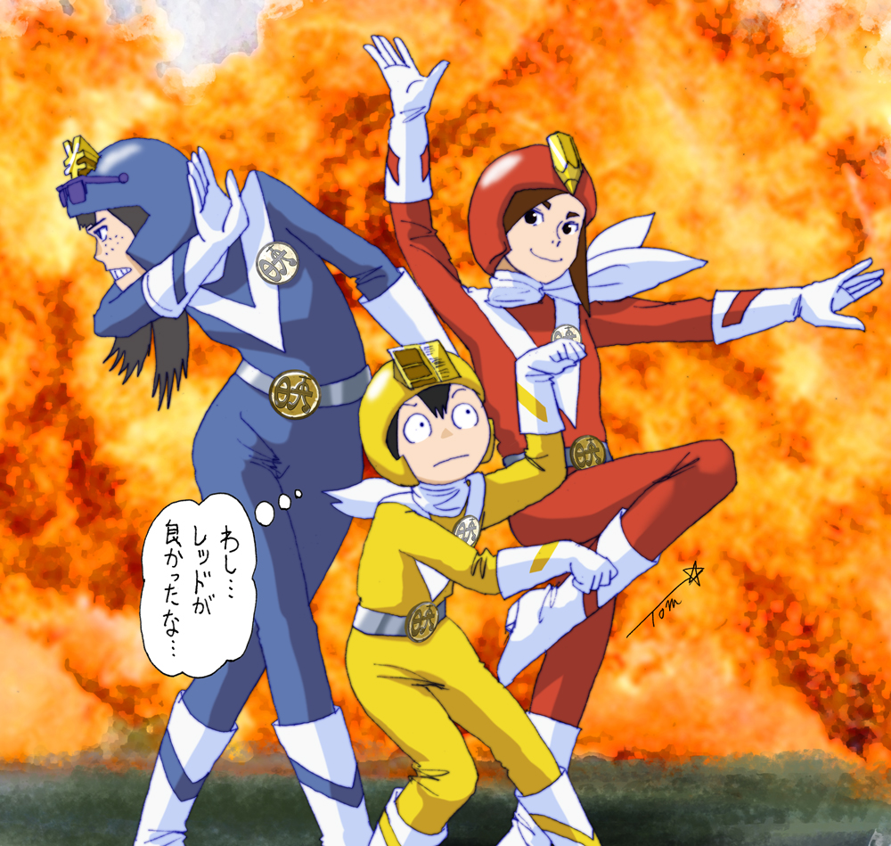 3girls, :|, asakusa_midori, belt, black_hair, bodysuit, boots, brown_eyes, brown_hair, chutohampa, closed_mouth, cosplay, easy_breezy, eizouken_ni_wa_te_wo_dasu_na!, eyewear_on_head, freckles, glasses, gloves, helmet, kanamori_sayaka, mizusaki_tsubame, multiple_girls, scarf, smile, standing, standing_on_one_leg, super_sentai, taiyou_sentai_sun_vulcan, translation_request, vul_eagle, vul_eagle_(cosplay), vul_panther, vul_panther_(cosplay), vul_shark, vul_shark_(cosplay), white_gloves