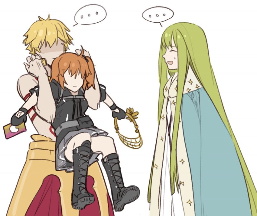 ..., 1girl, 2boys, anastasia_(fate), anastasia_(fate)_(cosplay), bad_id, bad_pixiv_id, blue_cape