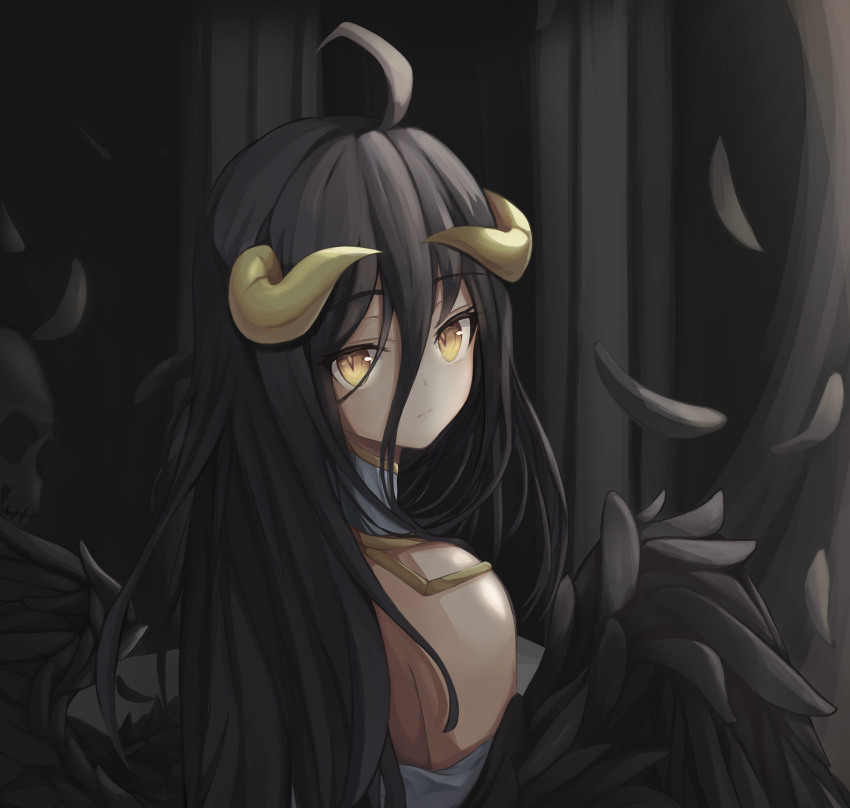 1girl, absurdres, albedo_(overlord), black_hair, demon_girl, demon_horns, dress, feathered_wings