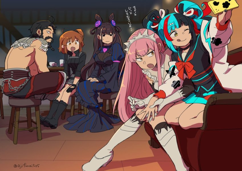 1boy, 4girls, :d, ;q, asaya_minoru, beard, black_choker, black_dress