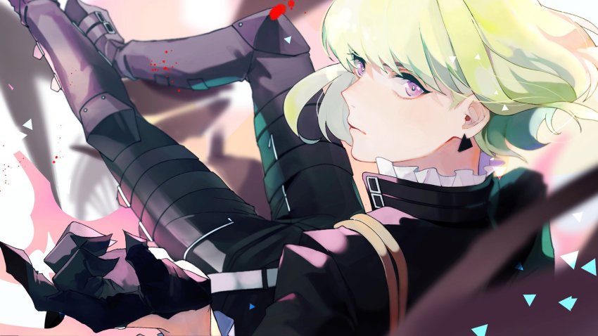 1boy, ascot, bishounen, black_gloves, black_jacket, butterfly39561, fire, gloves, green_hair, half_gloves, highres, jacket, lio_fotia, male_focus, promare, purple_eyes, sitting, solo