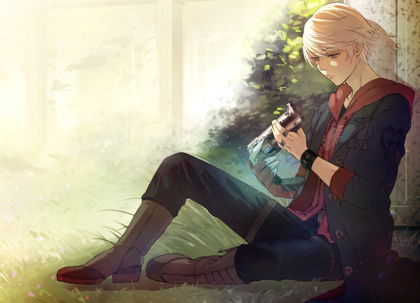1boy, belt_buckle, blue_coat, blue_eyes, boots, bracelet, brown_boots, buckle, closed_mouth, coat, devil_may_cry, devil_may_cry_(series), devil_may_cry_4, glowing, grass, gun, handgun, holding, holding_gun, holding_weapon, jewelry, male_focus, natsu_(natsunatsu78), nero_(devil_may_cry), outdoors, pillar, plant, ring, sitting, sleeves_rolled_up, solo, thigh_strap, weapon, white_hair, zipper, zipper_pull_tab