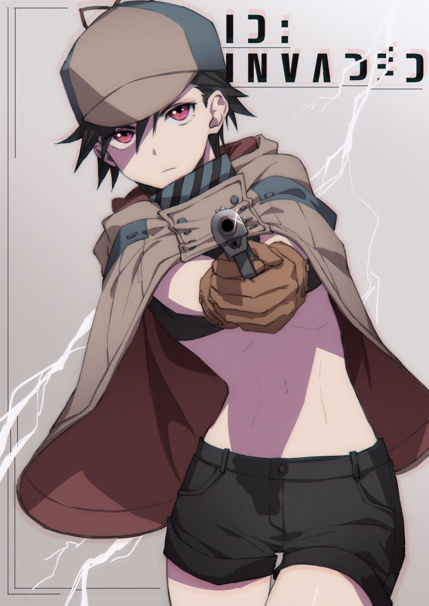 1girl, black_hair, detective, female_focus, gloves, gun, handgun, hat, highres, hijiriido_miyo, id_invaded, meitantei, midriff, red_eyes, short_shorts, shorts, solo, weapon