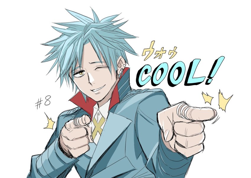 1boy, anaido, blue_hair, finger_gun, highres, id_invaded, jewelry, meitantei, ring, yellow_eyes