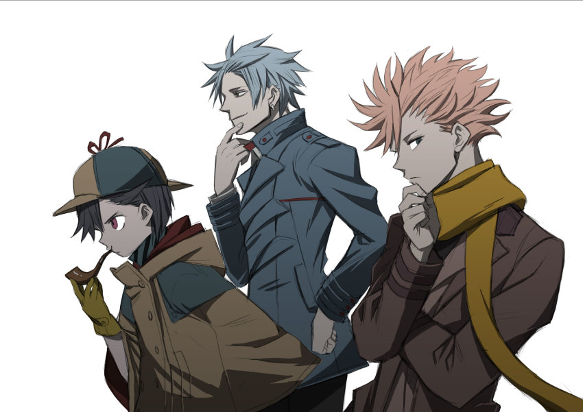 1girl, 2boys, anaido, asukai_kiki, black_hair, blue_eyes, blue_hair, detective, gloves, hat, highres, hijiriido_miyo, id_invaded, multiple_boys, piercing, red_eyes, red_hair, sakaido, scarf, smoking_pipe