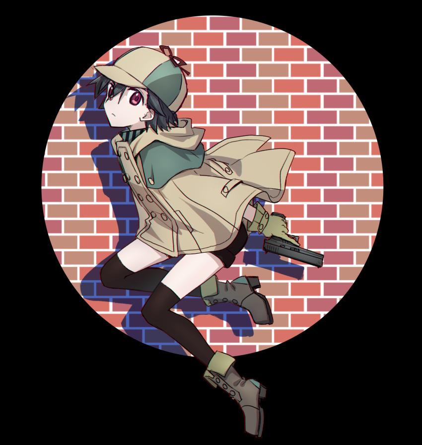 1girl, absurdres, black_hair, boots, detective, gloves, gun, handgun