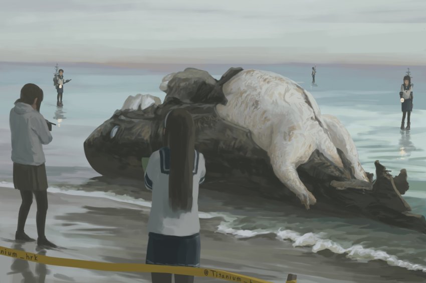 5girls, abyssal_ship, barricade, beach, black_hair, character_request, corpse, gun